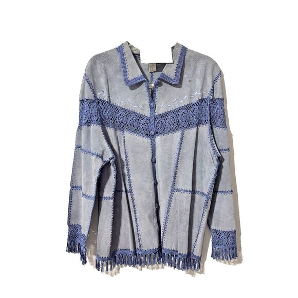 Dressbarn Suede Jacket Blue 16 Long Sleeve Button Up Embroidered Fringed NWT - Picture 1 of 10